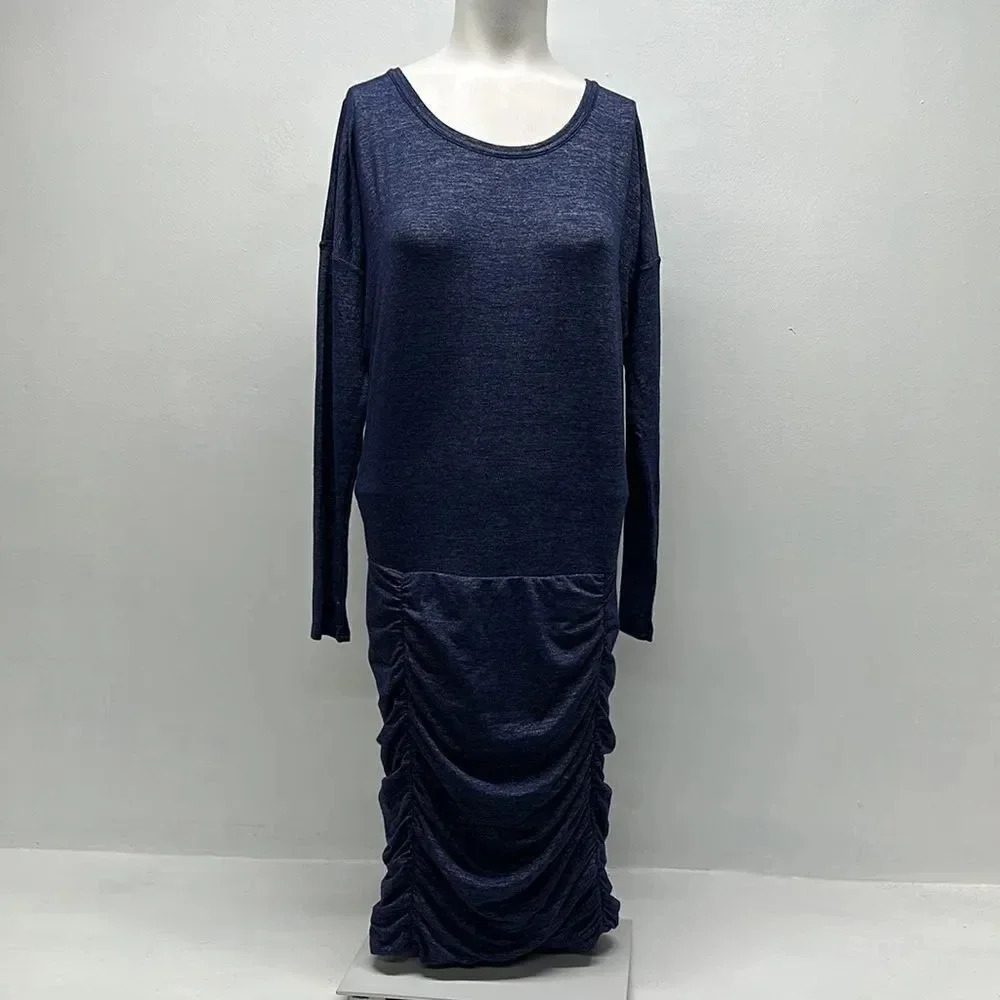 Athleta Beyond Soft Avenues Dress Ruched Stretch Long Sleeve Blue Space Dye XS